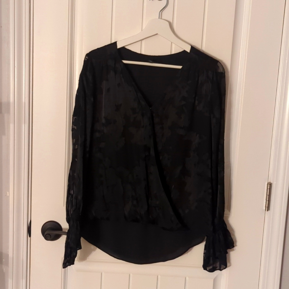 White House Black Market black burnt out floral design blause